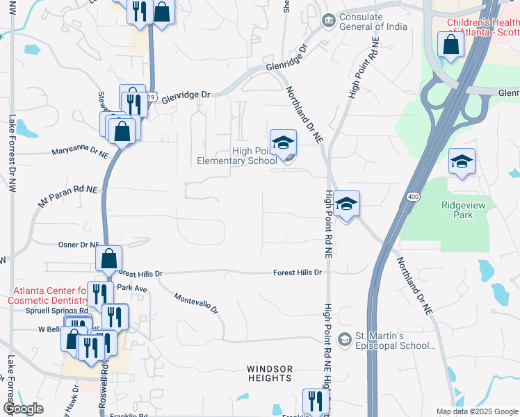 map of restaurants, bars, coffee shops, grocery stores, and more near 5210 Timber Trail South Northeast in Sandy Springs