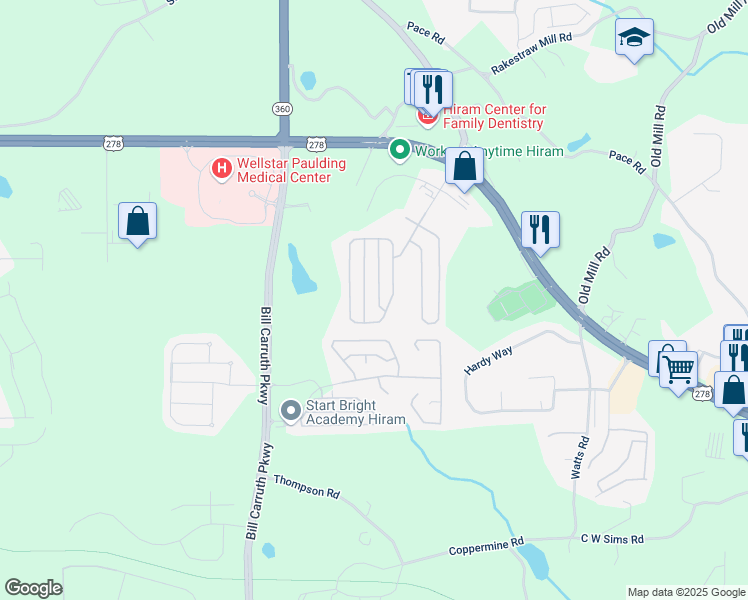 map of restaurants, bars, coffee shops, grocery stores, and more near 148 Hill Side Way in Hiram