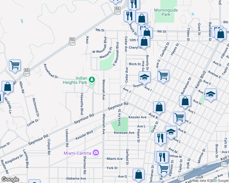 map of restaurants, bars, coffee shops, grocery stores, and more near 3200-3210 Onaway Trail in Wichita Falls