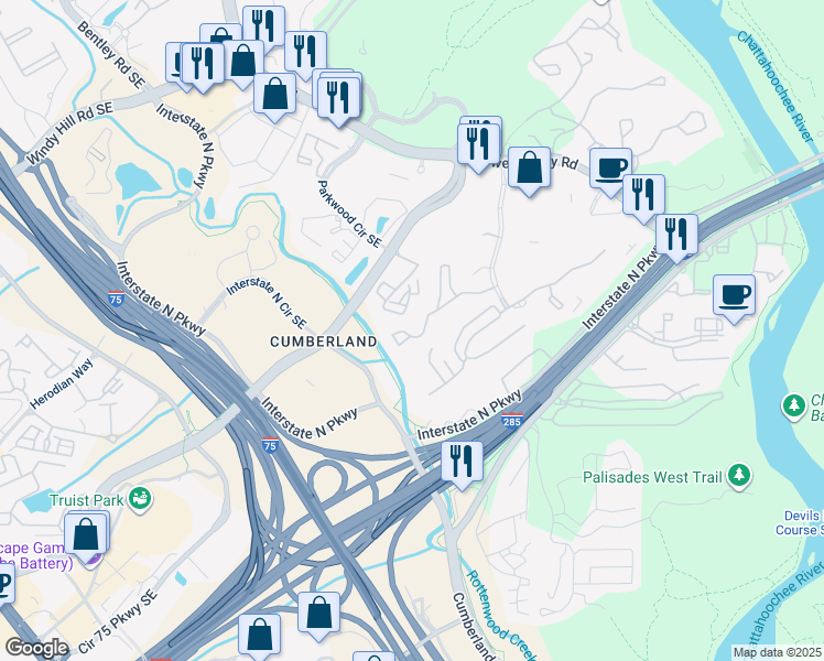 map of restaurants, bars, coffee shops, grocery stores, and more near 3716 Shadowood Parkway in Atlanta