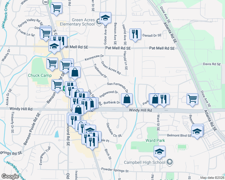 map of restaurants, bars, coffee shops, grocery stores, and more near 661 Inglewood Drive in Smyrna