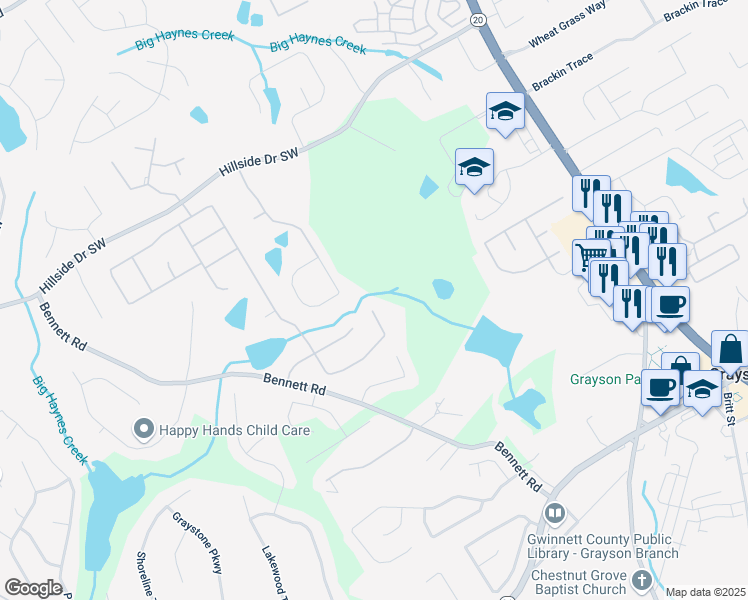 map of restaurants, bars, coffee shops, grocery stores, and more near 1665 Mount McKinley Drive in Grayson