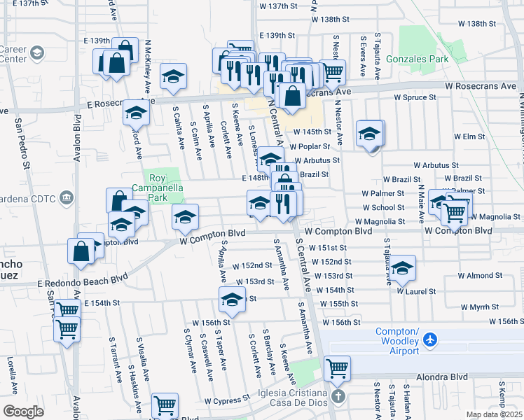 map of restaurants, bars, coffee shops, grocery stores, and more near 1213 East 150th Street in Compton