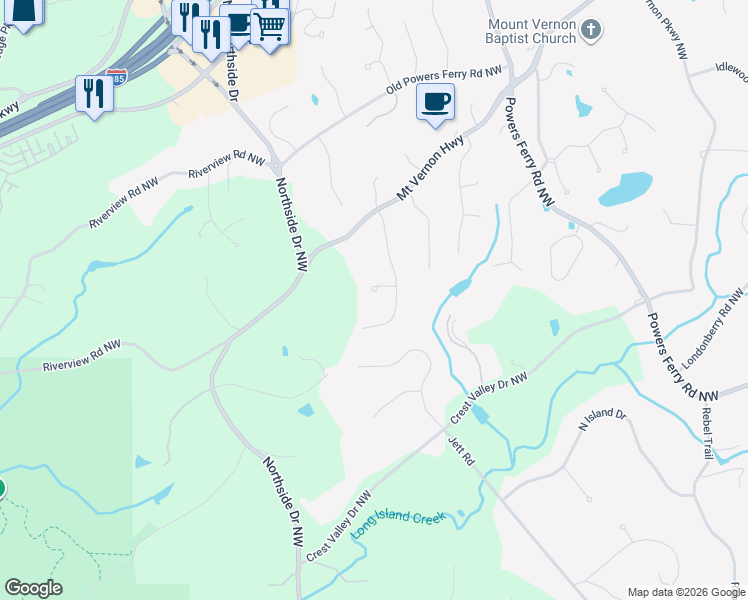 map of restaurants, bars, coffee shops, grocery stores, and more near 1100 Vernon Springs Court in Atlanta