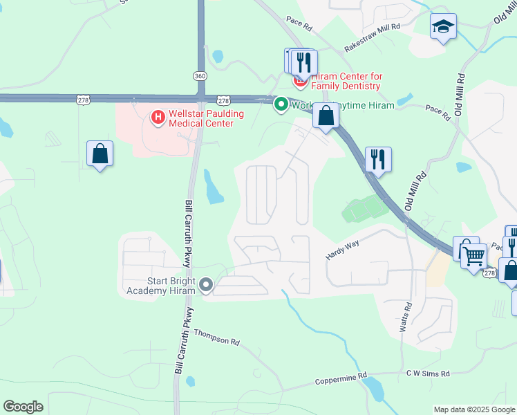 map of restaurants, bars, coffee shops, grocery stores, and more near 149 High Point Way in Hiram