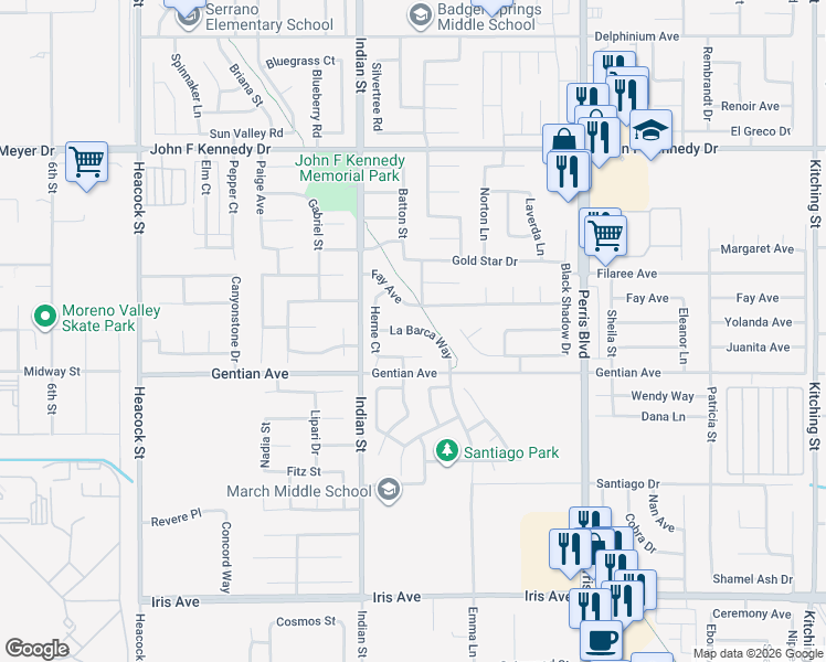 map of restaurants, bars, coffee shops, grocery stores, and more near Madras Way in Moreno Valley