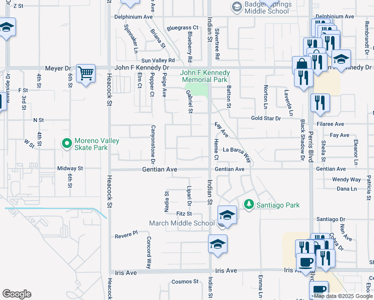 map of restaurants, bars, coffee shops, grocery stores, and more near 24387 Dyna Place in Moreno Valley