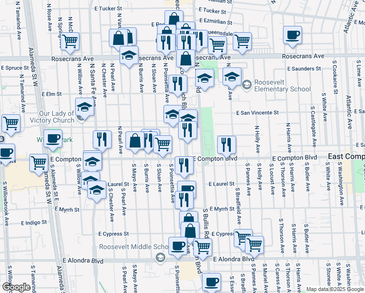 map of restaurants, bars, coffee shops, grocery stores, and more near 122 North Poinsettia Avenue in Compton