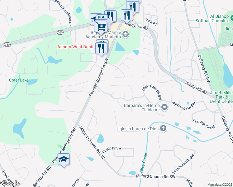 map of restaurants, bars, coffee shops, grocery stores, and more near 2273 Loren Falls Court in Marietta