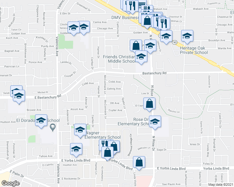 map of restaurants, bars, coffee shops, grocery stores, and more near 943 Berkenstock Lane in Placentia