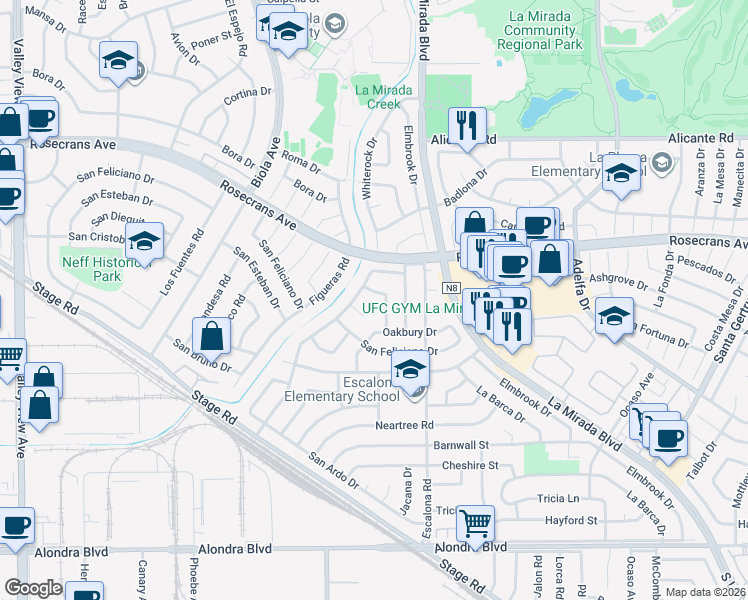 map of restaurants, bars, coffee shops, grocery stores, and more near 14813 Springford Drive in La Mirada
