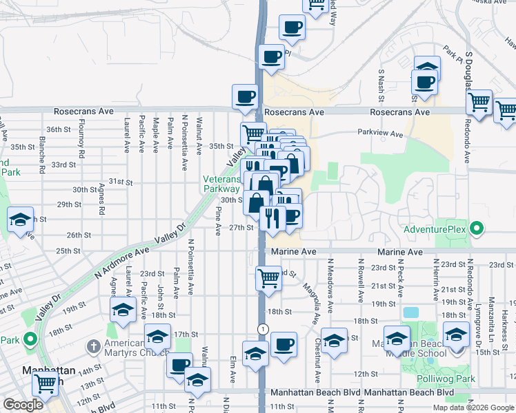 map of restaurants, bars, coffee shops, grocery stores, and more near 2909 North Sepulveda Boulevard in Manhattan Beach