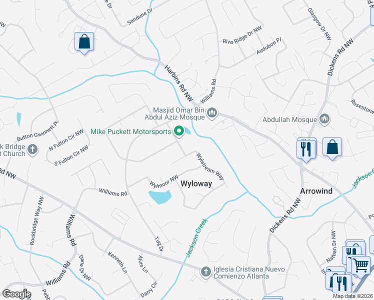 map of restaurants, bars, coffee shops, grocery stores, and more near 5523 Wylstream Way in Norcross