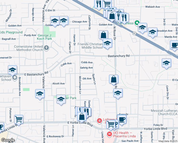 map of restaurants, bars, coffee shops, grocery stores, and more near 943 Berkenstock Lane in Placentia
