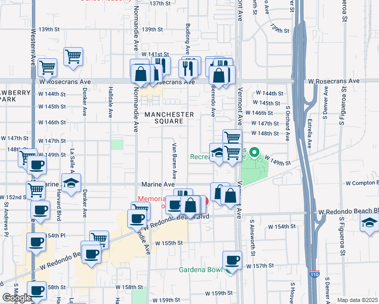 map of restaurants, bars, coffee shops, grocery stores, and more near 14822 Budlong Avenue in Gardena