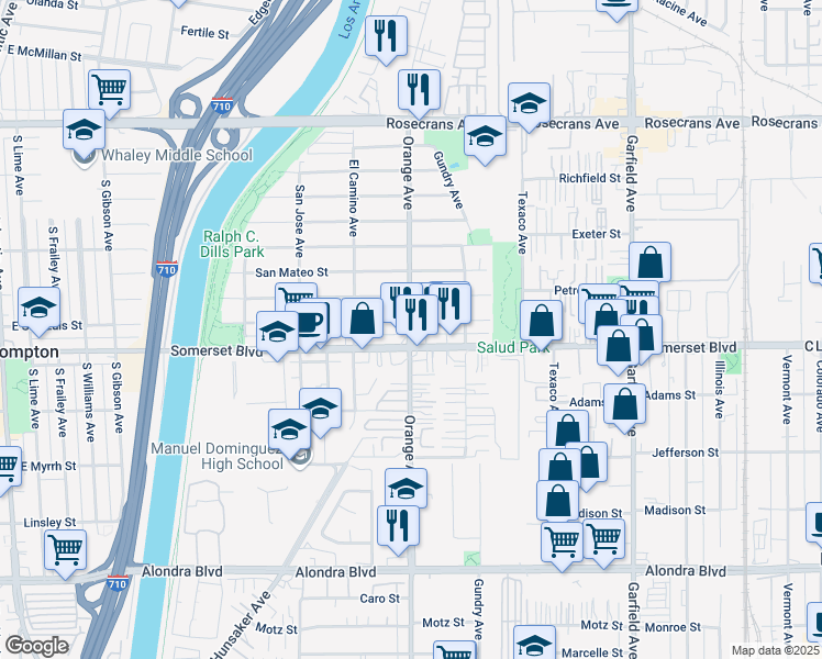 map of restaurants, bars, coffee shops, grocery stores, and more near 15006 Orange Avenue in Paramount