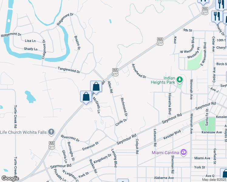 map of restaurants, bars, coffee shops, grocery stores, and more near 2009 Allen Road in Wichita Falls