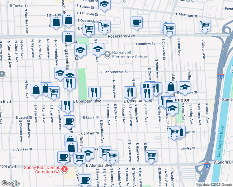 map of restaurants, bars, coffee shops, grocery stores, and more near 122 North Holly Avenue in Compton
