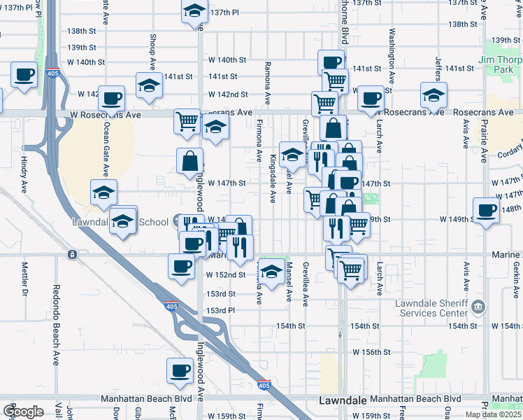map of restaurants, bars, coffee shops, grocery stores, and more near 14814 Firmona Avenue in Lawndale