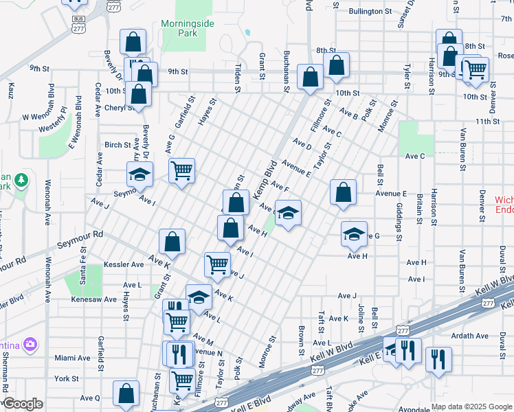 map of restaurants, bars, coffee shops, grocery stores, and more near 1701 Kemp Boulevard in Wichita Falls