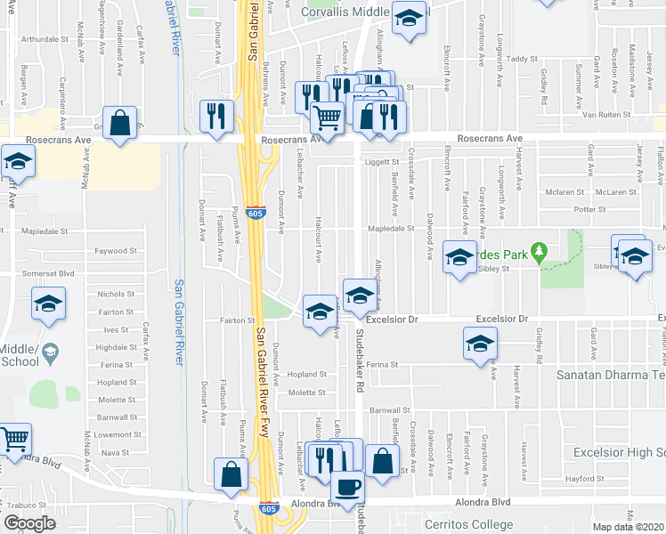 map of restaurants, bars, coffee shops, grocery stores, and more near 14713 Lefloss Avenue in Norwalk