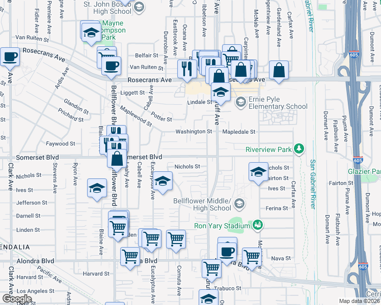 map of restaurants, bars, coffee shops, grocery stores, and more near 10112 Faywood Street in Bellflower