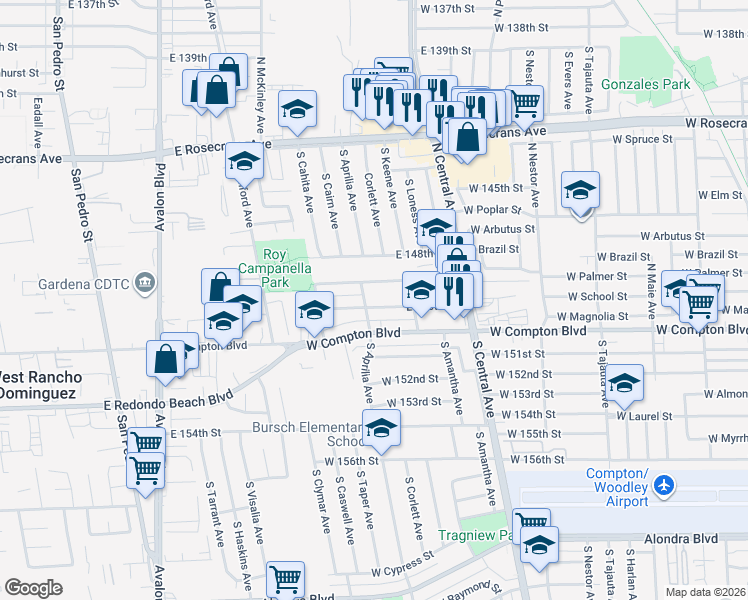 map of restaurants, bars, coffee shops, grocery stores, and more near 1109 East 150th Street in Compton