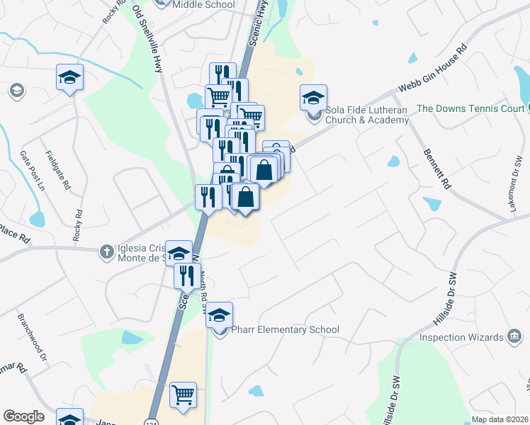 map of restaurants, bars, coffee shops, grocery stores, and more near 1455 Timberlane Road in Lawrenceville