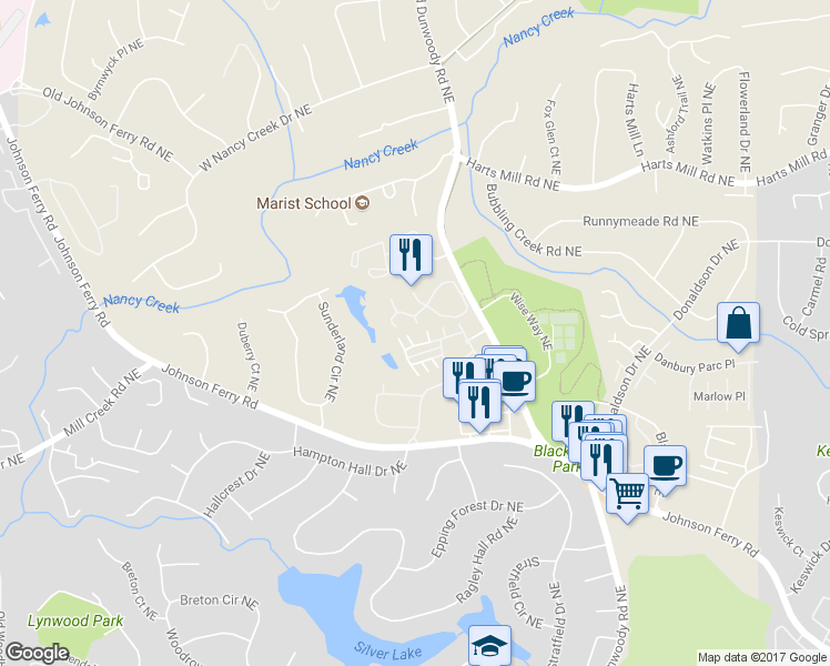 map of restaurants, bars, coffee shops, grocery stores, and more near 3733 Ashford Creek Lane Northeast in Atlanta