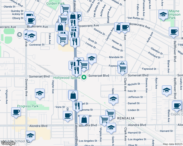 map of restaurants, bars, coffee shops, grocery stores, and more near 14955 1/2 Bayou Avenue in Bellflower