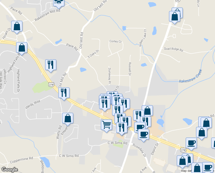 map of restaurants, bars, coffee shops, grocery stores, and more near 5 Dunaway Place in Hiram
