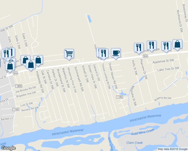 map of restaurants, bars, coffee shops, grocery stores, and more near 1761 Ocean View Drive Southwest in Ocean Isle Beach