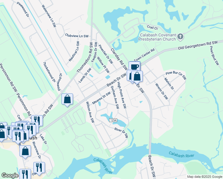 map of restaurants, bars, coffee shops, grocery stores, and more near 1004 Durham Avenue Southwest in Calabash