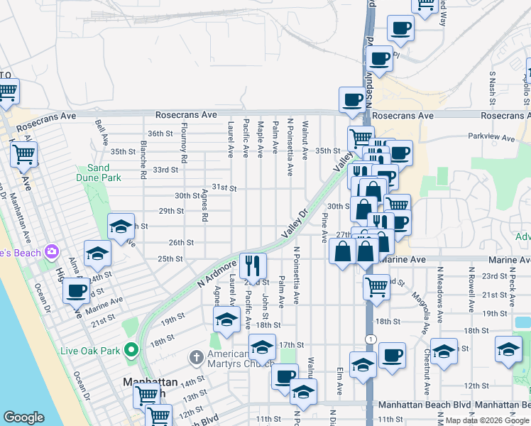 map of restaurants, bars, coffee shops, grocery stores, and more near 2812 Maple Avenue in Manhattan Beach