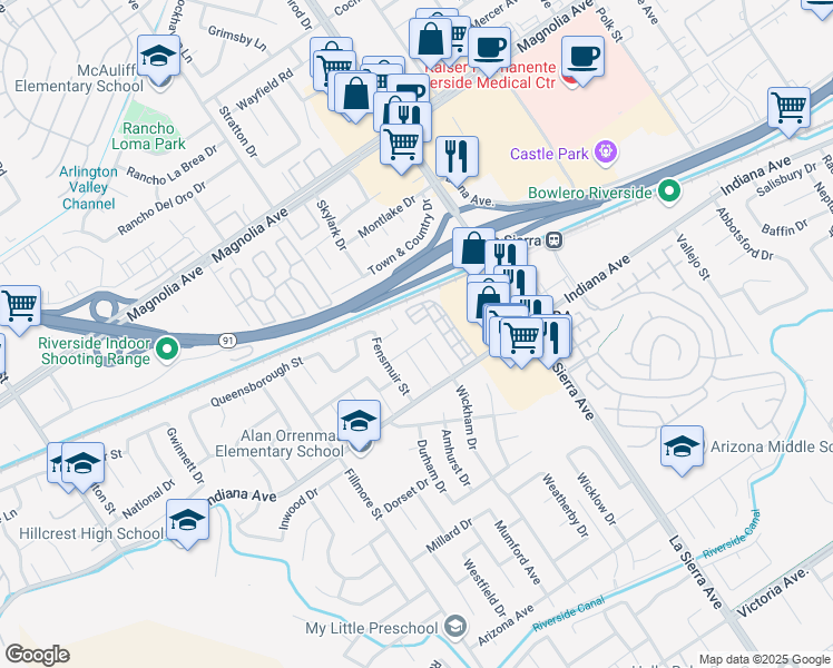 map of restaurants, bars, coffee shops, grocery stores, and more near 11275 Wybourn Avenue in Riverside
