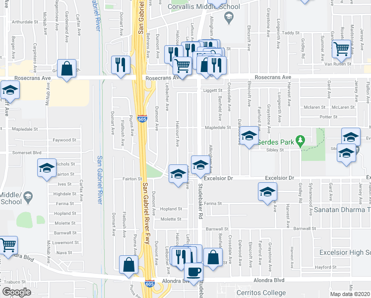 map of restaurants, bars, coffee shops, grocery stores, and more near 14713 Lefloss Avenue in Norwalk