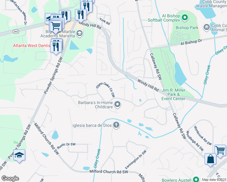 map of restaurants, bars, coffee shops, grocery stores, and more near 1471 Glynn Oaks Circle Southwest in Marietta