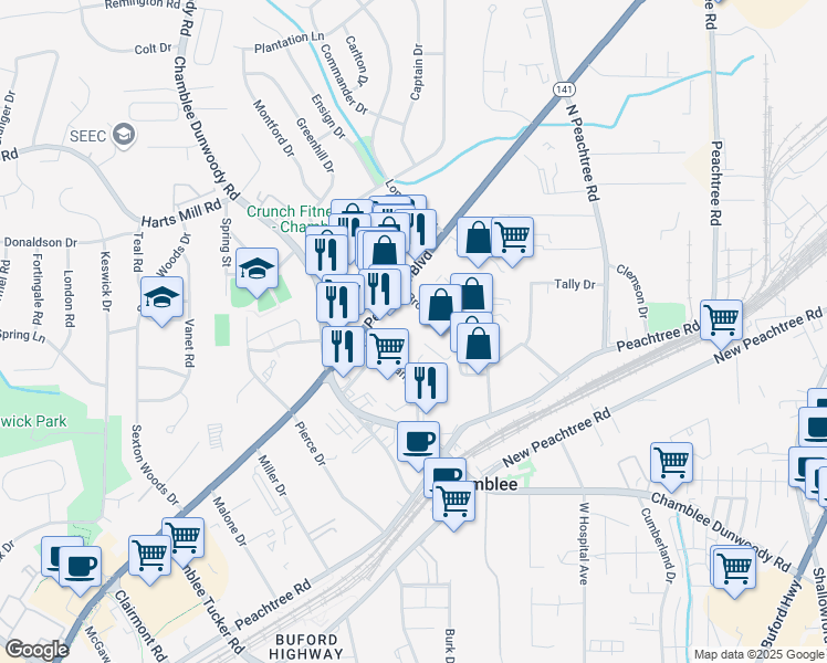 map of restaurants, bars, coffee shops, grocery stores, and more near 3588 Broad Street in Chamblee