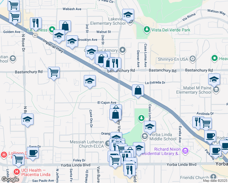 map of restaurants, bars, coffee shops, grocery stores, and more near 17392 Aspenglow Lane in Yorba Linda