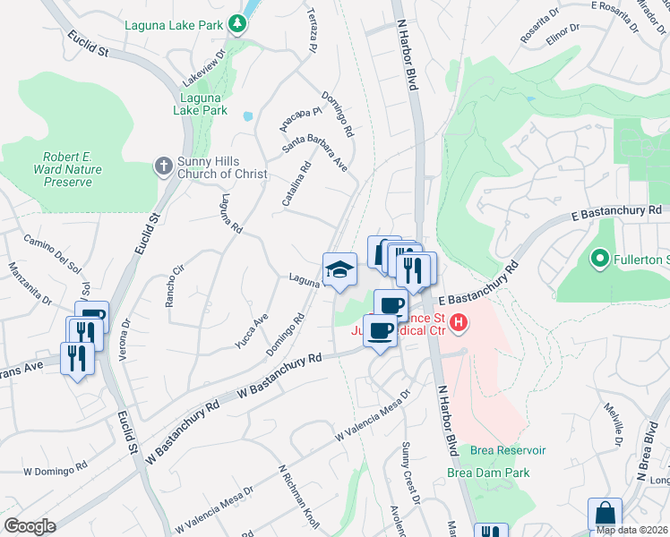 map of restaurants, bars, coffee shops, grocery stores, and more near 2310 Morelia Place in Fullerton