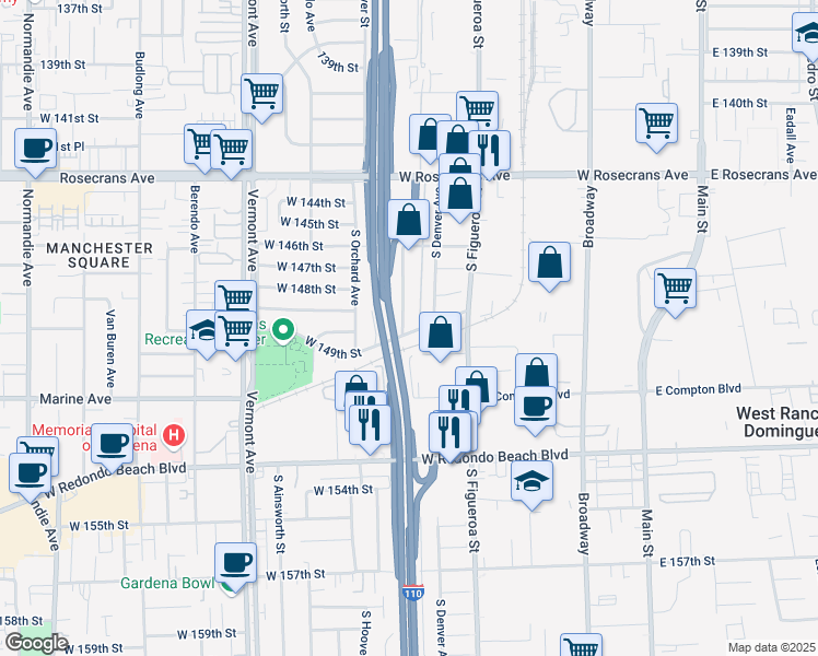 map of restaurants, bars, coffee shops, grocery stores, and more near 14834 Estrella Avenue in Gardena