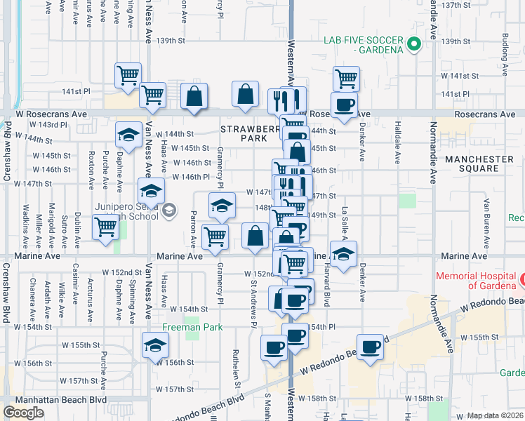 map of restaurants, bars, coffee shops, grocery stores, and more near 1852 148th Street in Gardena