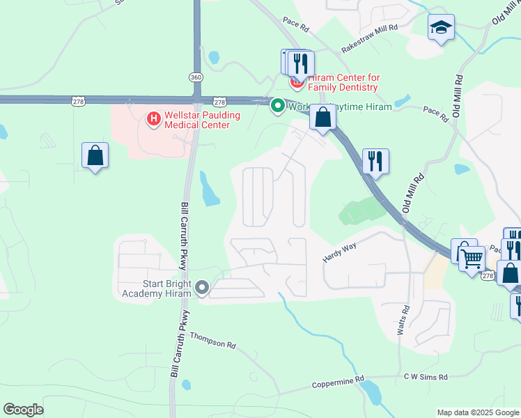 map of restaurants, bars, coffee shops, grocery stores, and more near 148 Hill Side Way in Hiram