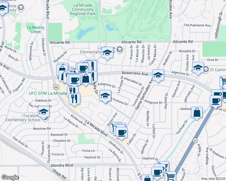map of restaurants, bars, coffee shops, grocery stores, and more near 15438 Ashgrove Drive in La Mirada