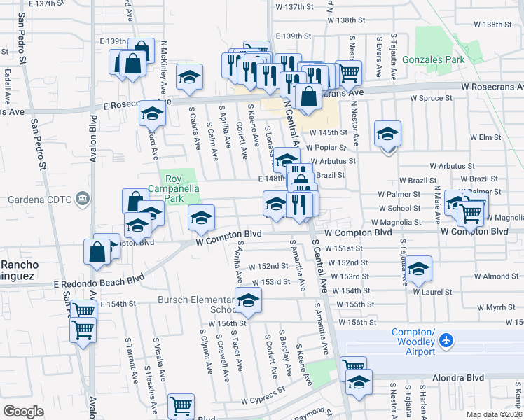 map of restaurants, bars, coffee shops, grocery stores, and more near 1143 East 150th Street in Compton