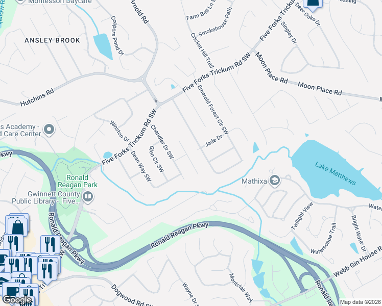 map of restaurants, bars, coffee shops, grocery stores, and more near 800 Forest Oak Dr SW in Lawrenceville