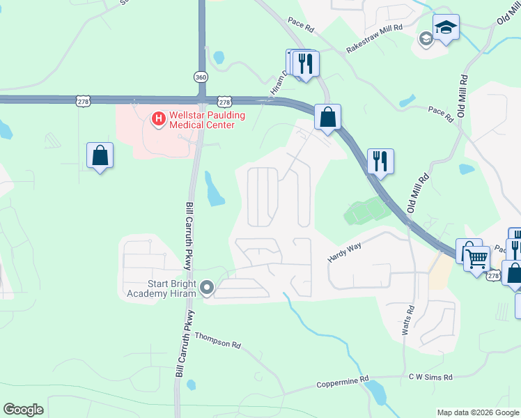 map of restaurants, bars, coffee shops, grocery stores, and more near 149 High Point Way in Hiram