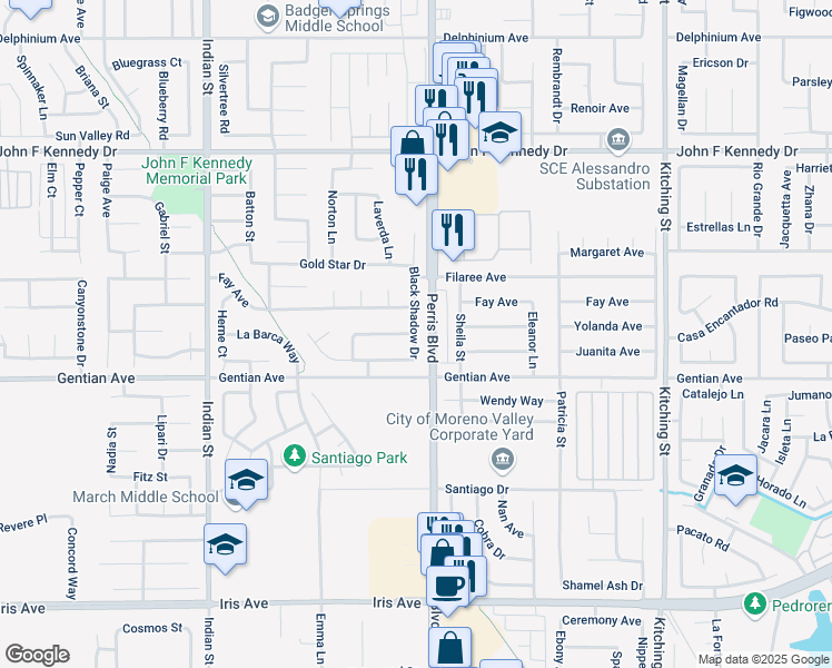 map of restaurants, bars, coffee shops, grocery stores, and more near 15402 Black Shadow Drive in Moreno Valley