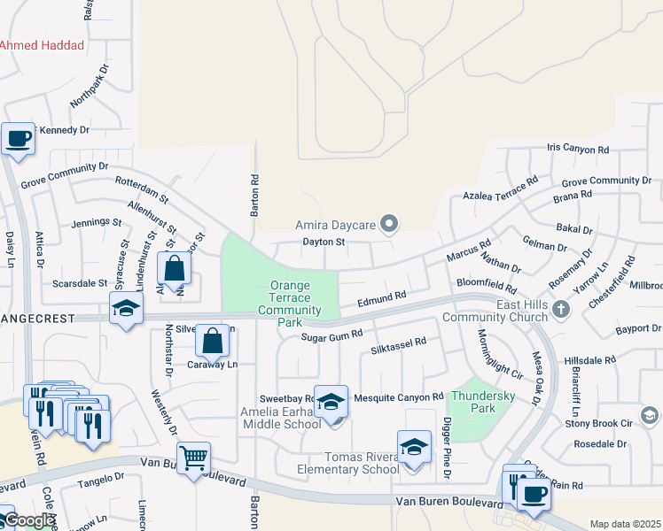 map of restaurants, bars, coffee shops, grocery stores, and more near 8418 Portland Street in Riverside