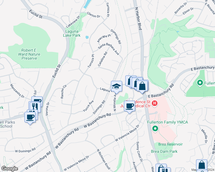 map of restaurants, bars, coffee shops, grocery stores, and more near 500 Miguel Place in Fullerton